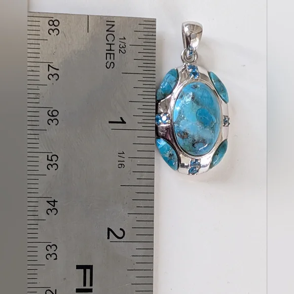 Vintage BBJ Sterling Silver Multi-Gemstone Pendant - Turquoise & Blue Topaz - Picture 7 of 7